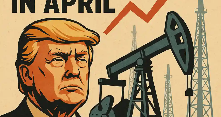 Donald Trump with oil rigs and downward production theme, reflecting OPEC’s April 2025 output decline.