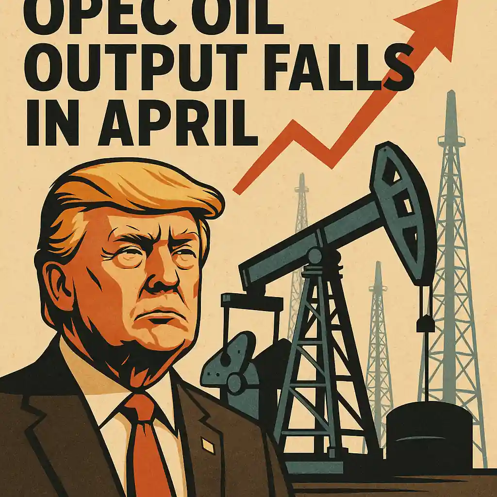 Donald Trump with oil rigs and downward production theme, reflecting OPEC’s April 2025 output decline.