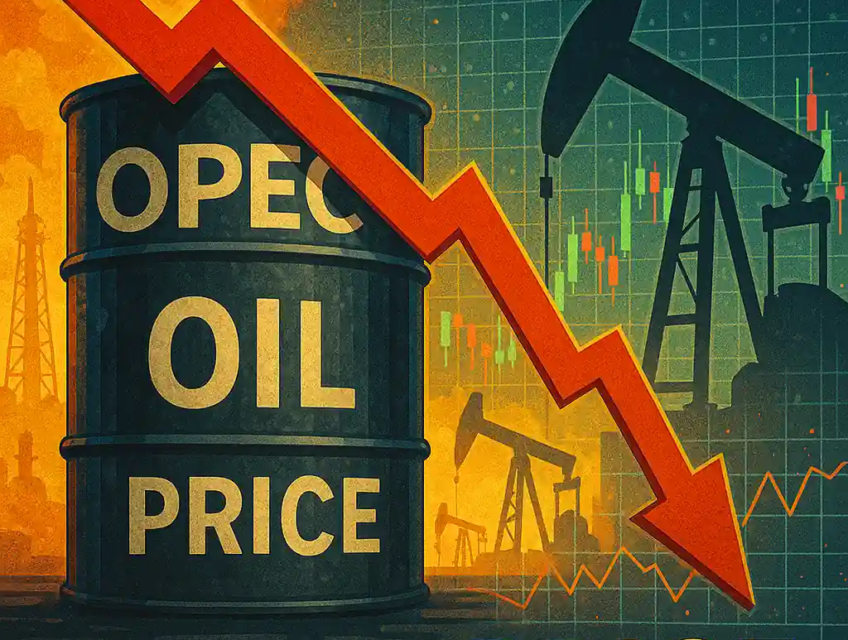 Oil barrel labeled OPEC with a red downward arrow and oil pumpjacks in the background symbolizing falling oil prices.