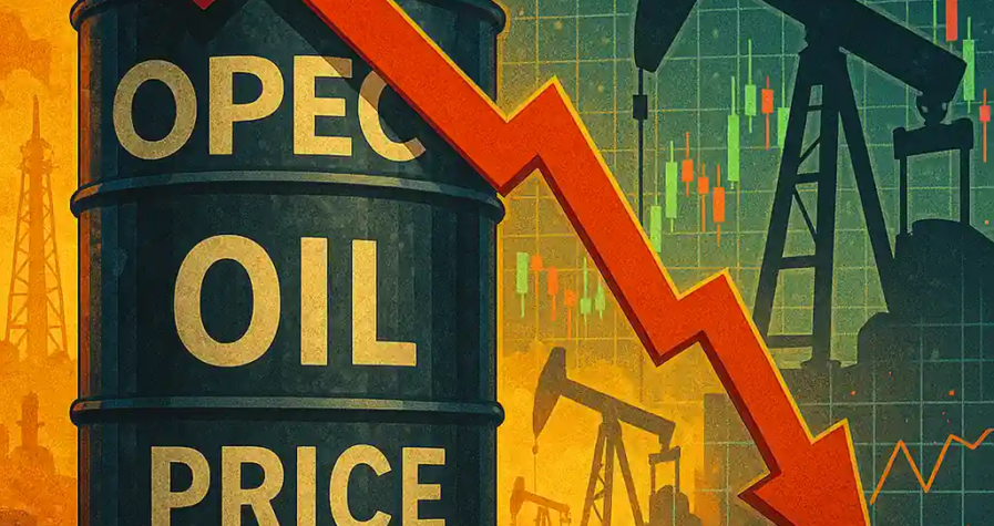 Oil barrel labeled OPEC with a red downward arrow and oil pumpjacks in the background symbolizing falling oil prices.