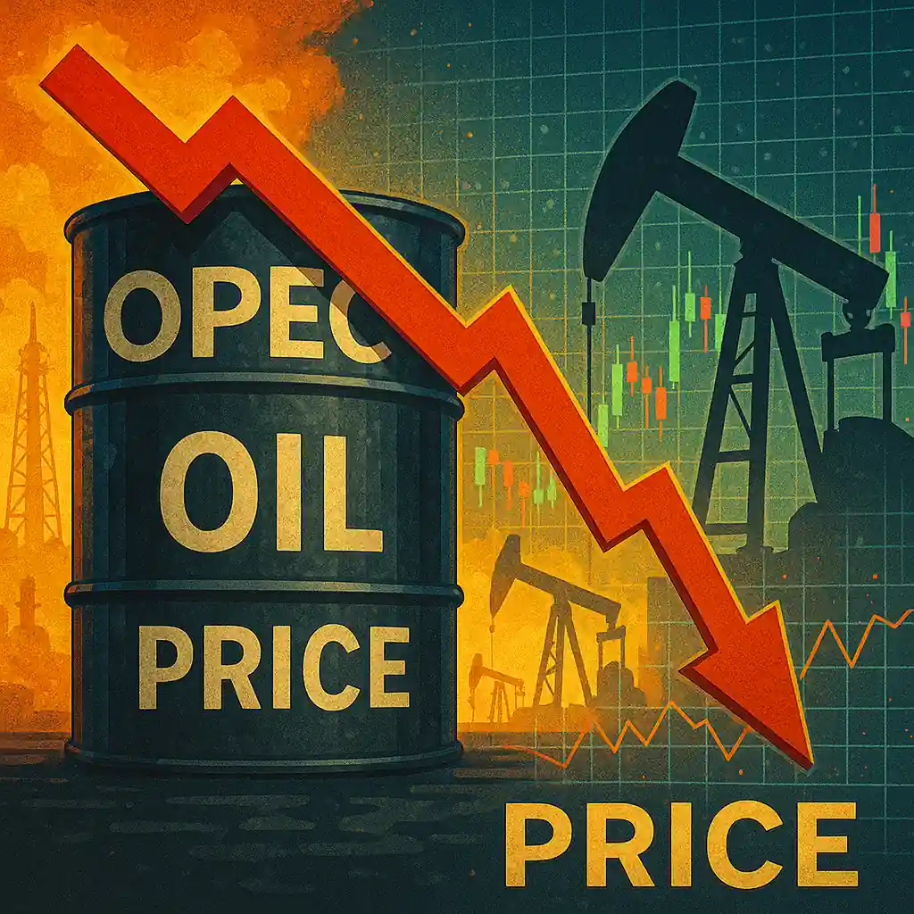 Oil barrel labeled OPEC with a red downward arrow and oil pumpjacks in the background symbolizing falling oil prices.