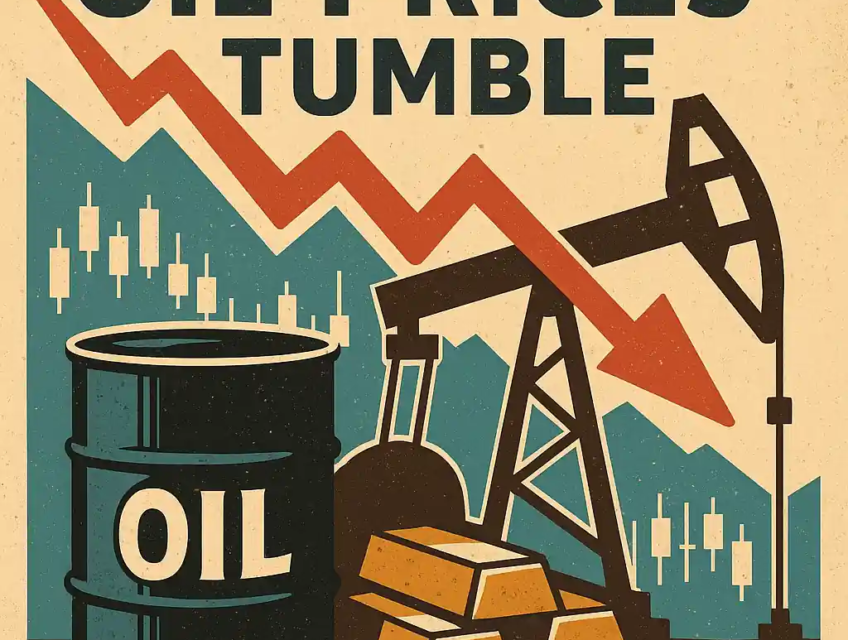 Oil barrel, pumpjack, and red downward arrow symbolize falling oil prices amid OPEC+ supply concerns.