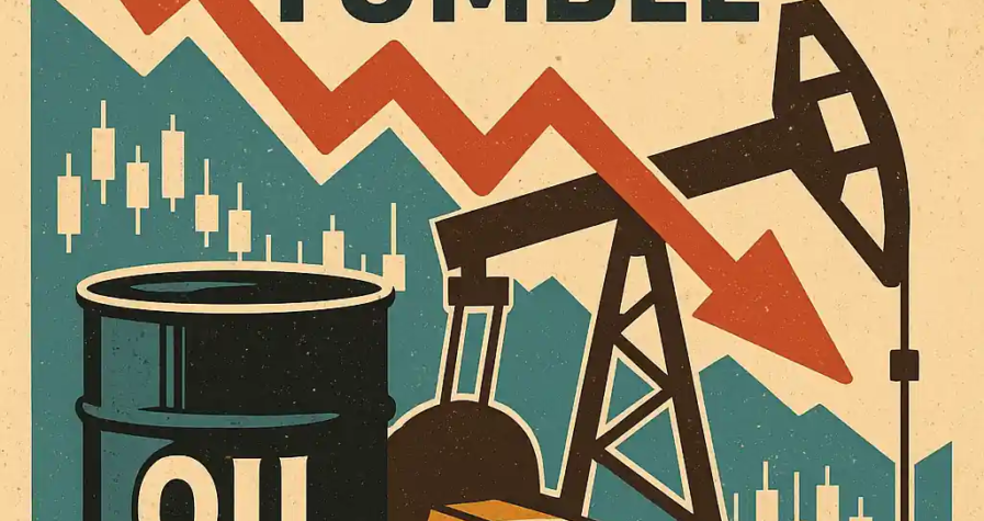 Oil barrel, pumpjack, and red downward arrow symbolize falling oil prices amid OPEC+ supply concerns.