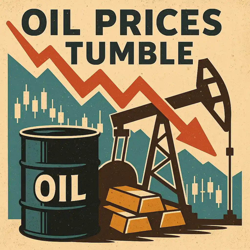 Oil barrel, pumpjack, and red downward arrow symbolize falling oil prices amid OPEC+ supply concerns.