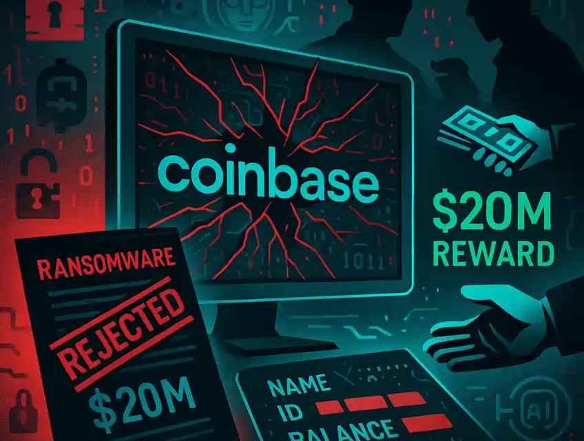 Illustration d’un piratage chez Coinbase avec écran craqué, demande de rançon rejetée, données clients volées et prime de 20M $.
