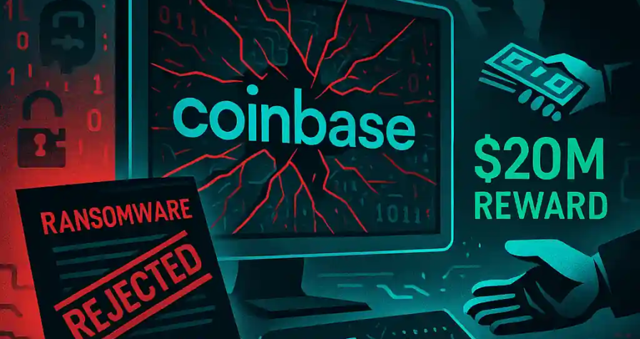 Illustration d’un piratage chez Coinbase avec écran craqué, demande de rançon rejetée, données clients volées et prime de 20M $.