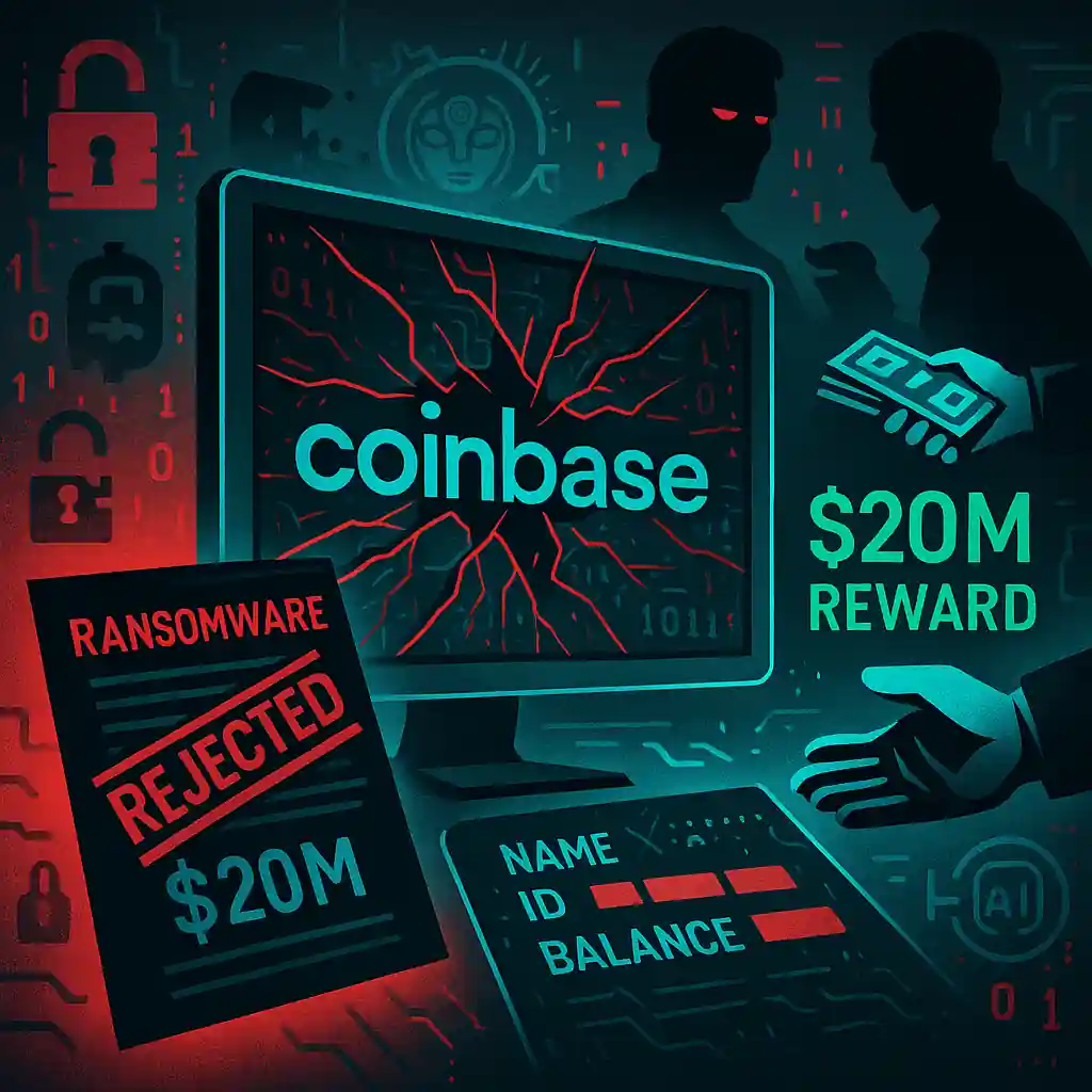 Illustration d’un piratage chez Coinbase avec écran craqué, demande de rançon rejetée, données clients volées et prime de 20M $.