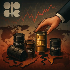 Illustration de barils de pétrole marqués Venezuela, Irak et Arabie Saoudite sur fond de carte et graphique en chute, avec une main exerçant une pression.