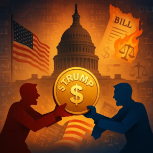 Illustration du Capitole avec deux figures politiques tirant un jeton $Trump, symbolisant le blocage de la loi crypto.