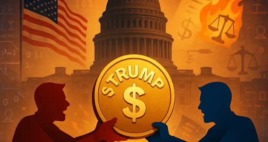 Illustration du Capitole avec deux figures politiques tirant un jeton $Trump, symbolisant le blocage de la loi crypto.