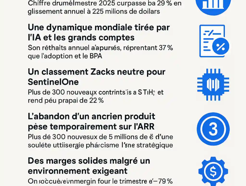 Infographie détaillant les prévisions de SentinelOne pour le T1 2026, croissance modérée, IA, marge, comparaisons concurrentielles