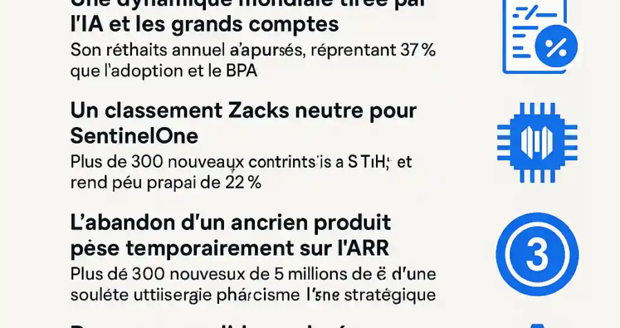 Infographie détaillant les prévisions de SentinelOne pour le T1 2026, croissance modérée, IA, marge, comparaisons concurrentielles