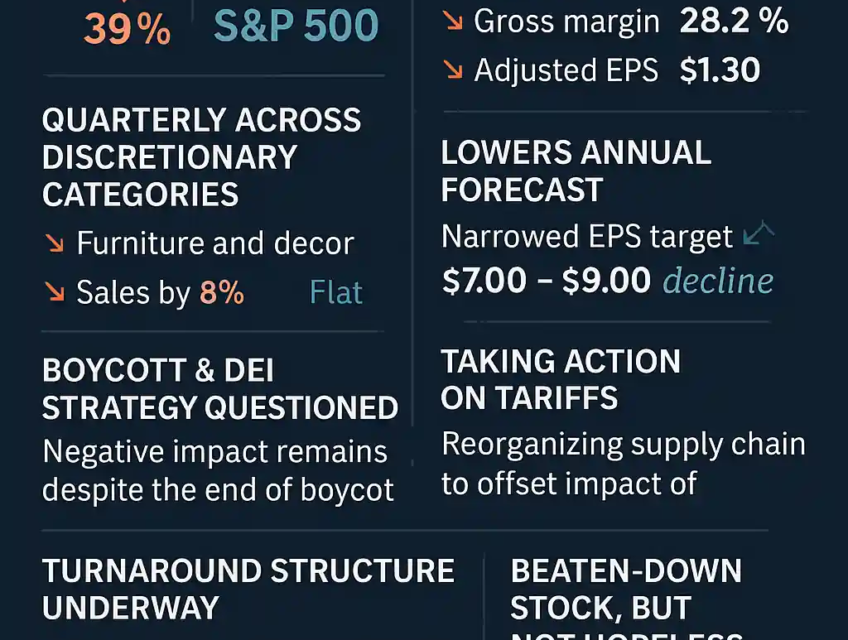 Infographie sur la sous-performance de TGT comparée au S&P 500, avec indicateurs financiers clés et perspectives
