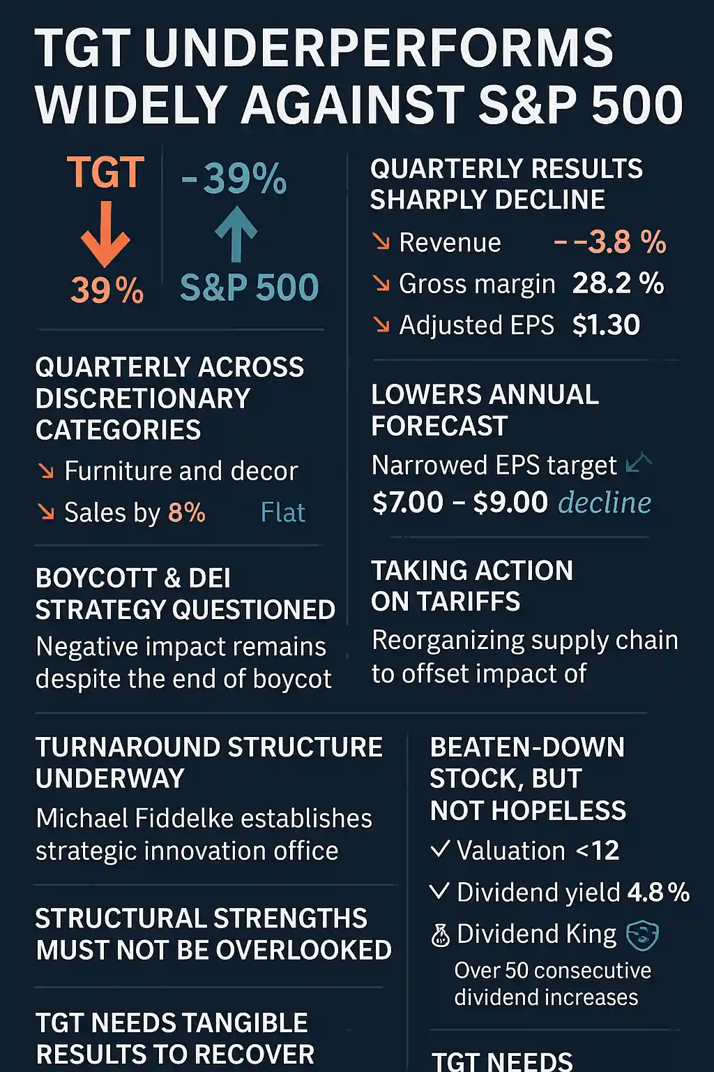 Infographie sur la sous-performance de TGT comparée au S&P 500, avec indicateurs financiers clés et perspectives