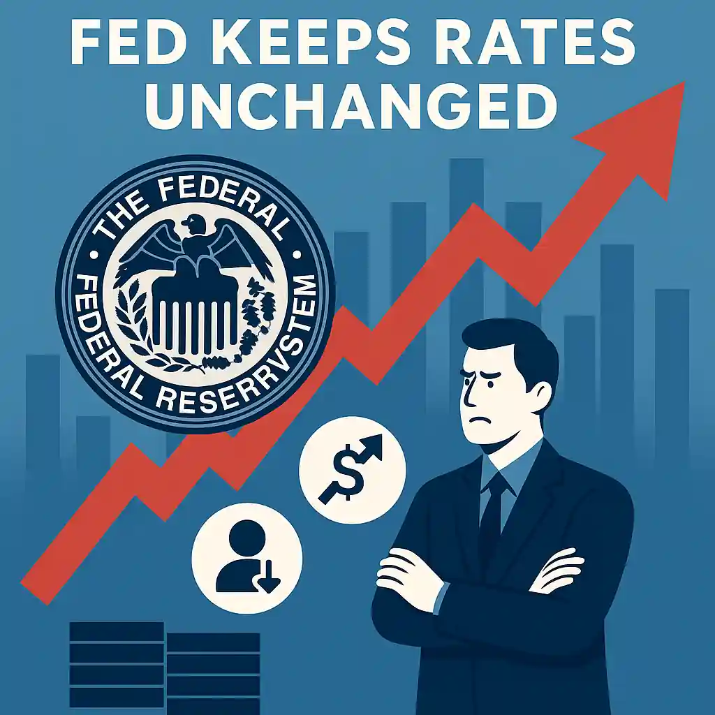 Illustration montrant la Réserve fédérale, un graphique zigzag rouge, des icônes d’inflation et de chômage, et un homme inquiet