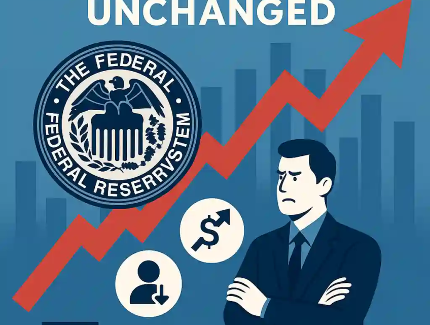 Illustration montrant la Réserve fédérale, un graphique zigzag rouge, des icônes d’inflation et de chômage, et un homme inquiet