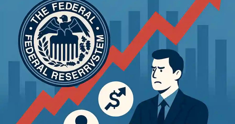 Illustration montrant la Réserve fédérale, un graphique zigzag rouge, des icônes d’inflation et de chômage, et un homme inquiet