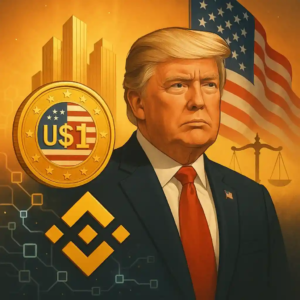 Illustration de Donald Trump avec un stablecoin USD1, le logo Binance, un drapeau américain et une balance symbolique.