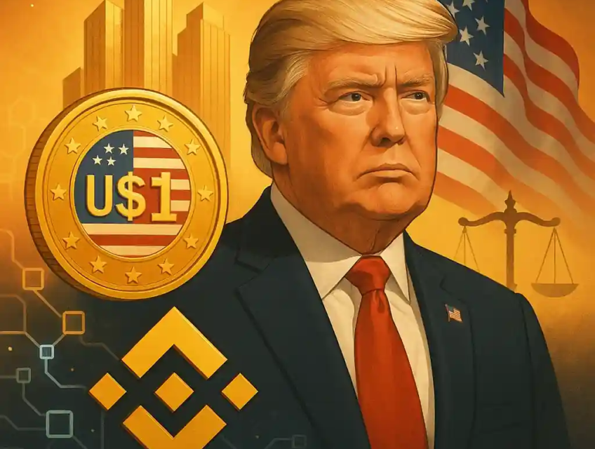 Illustration de Donald Trump avec un stablecoin USD1, le logo Binance, un drapeau américain et une balance symbolique.