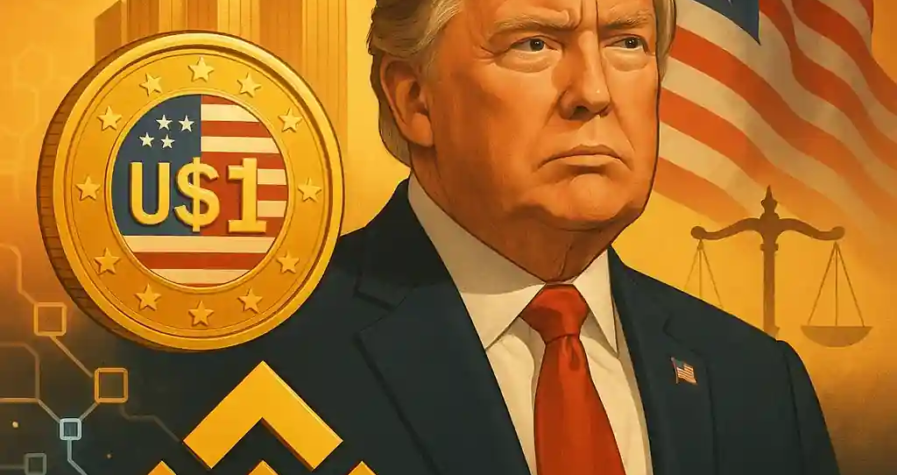 Illustration de Donald Trump avec un stablecoin USD1, le logo Binance, un drapeau américain et une balance symbolique.
