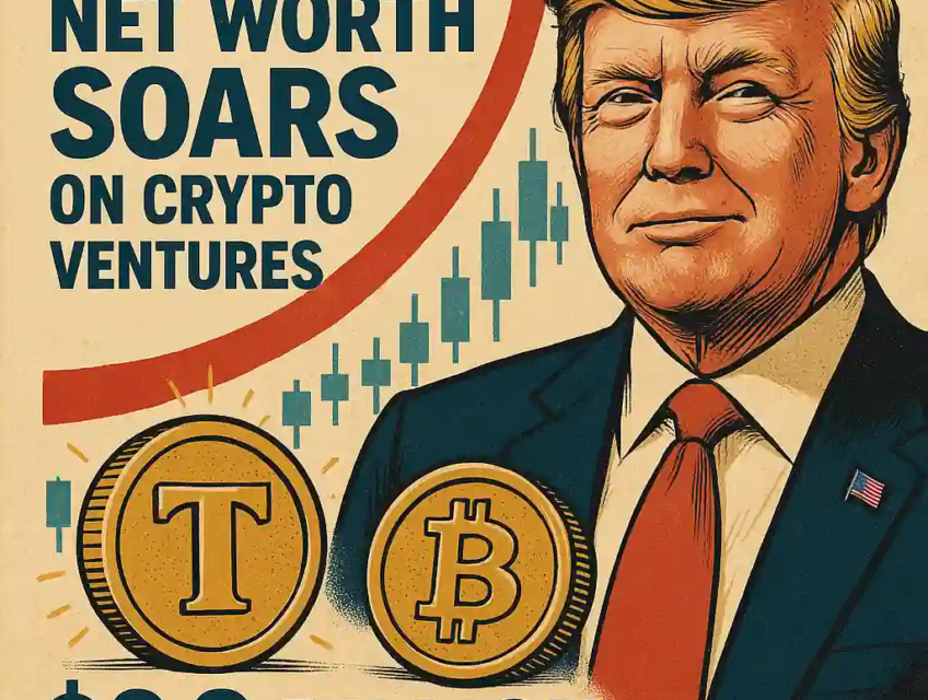 Donald Trump with crypto coins and rising financial chart, symbolizing his $2.9B wealth increase from crypto.
