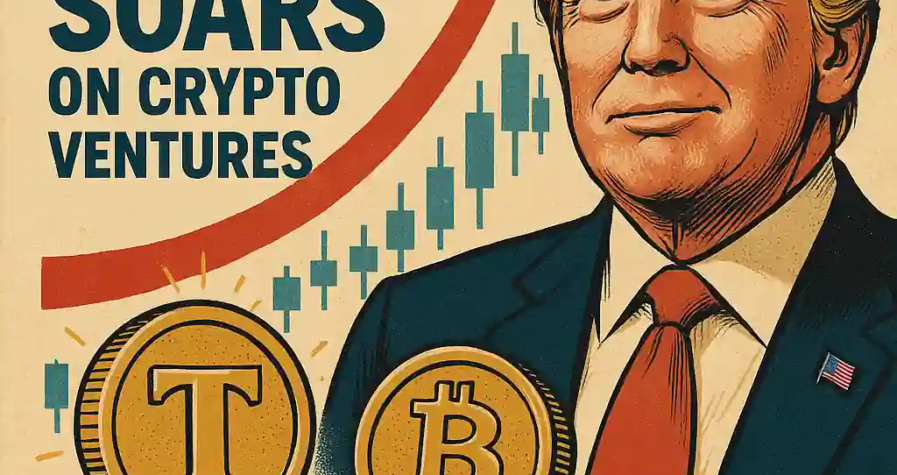 Donald Trump with crypto coins and rising financial chart, symbolizing his $2.9B wealth increase from crypto.