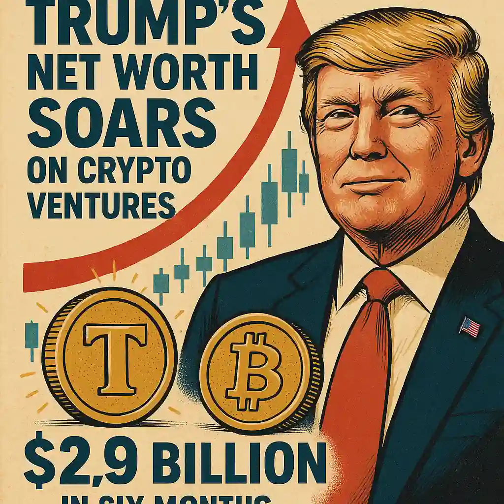 Donald Trump with crypto coins and rising financial chart, symbolizing his $2.9B wealth increase from crypto.