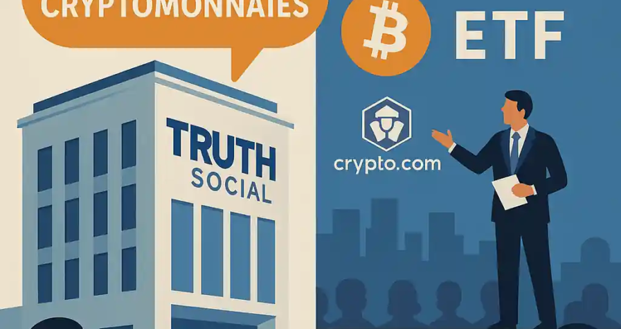 Illustration d’une conférence crypto par Trump Media avec bâtiment Truth Social, mention 3 milliards $, Bitcoin 2025 et logos ETF et Crypto.com.