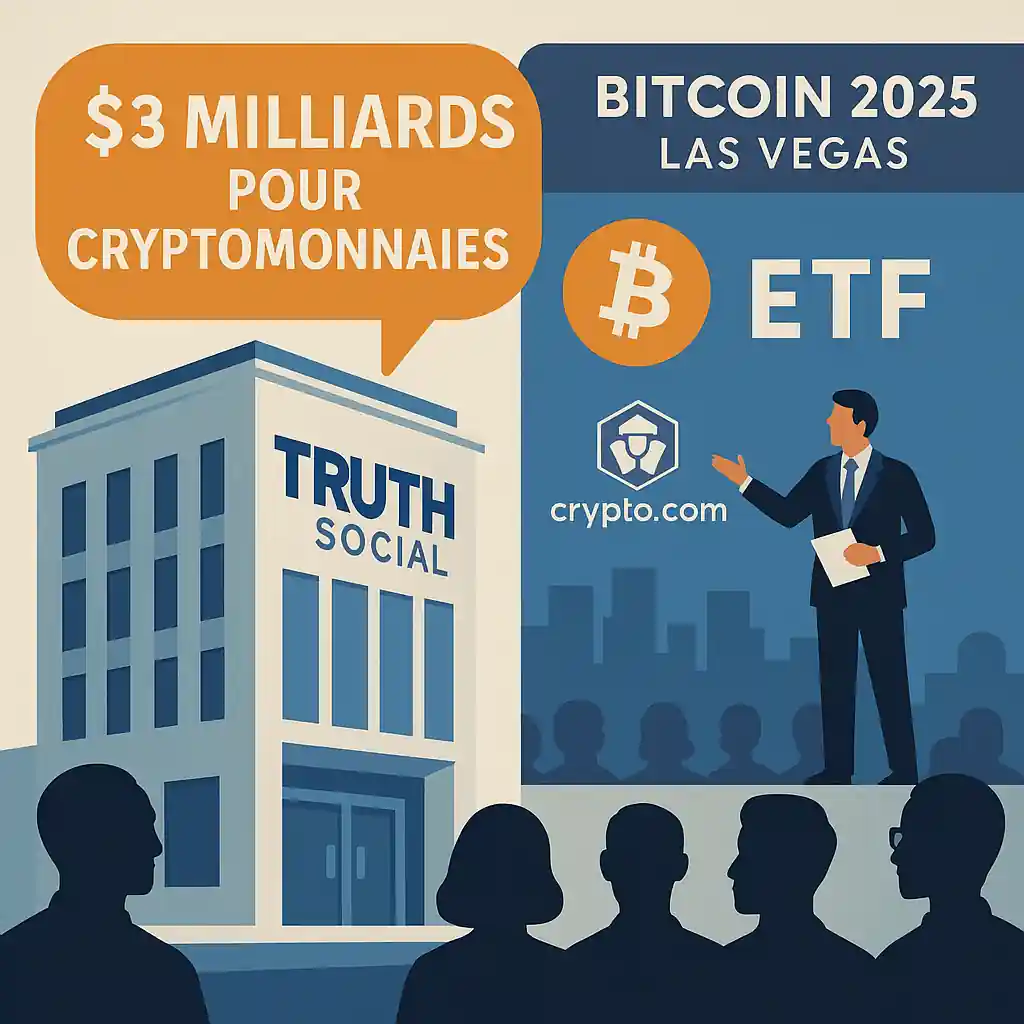 Illustration d’une conférence crypto par Trump Media avec bâtiment Truth Social, mention 3 milliards $, Bitcoin 2025 et logos ETF et Crypto.com.