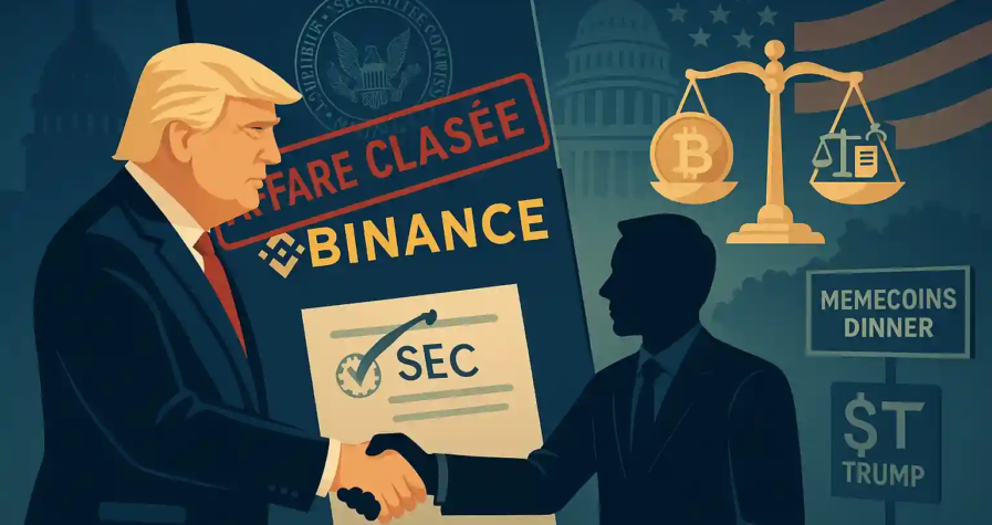 Illustration politique avec Donald Trump serrant la main d’un dirigeant Binance, devant un dossier marqué “AFFAIRE CLASSÉE” et les symboles de la SEC.