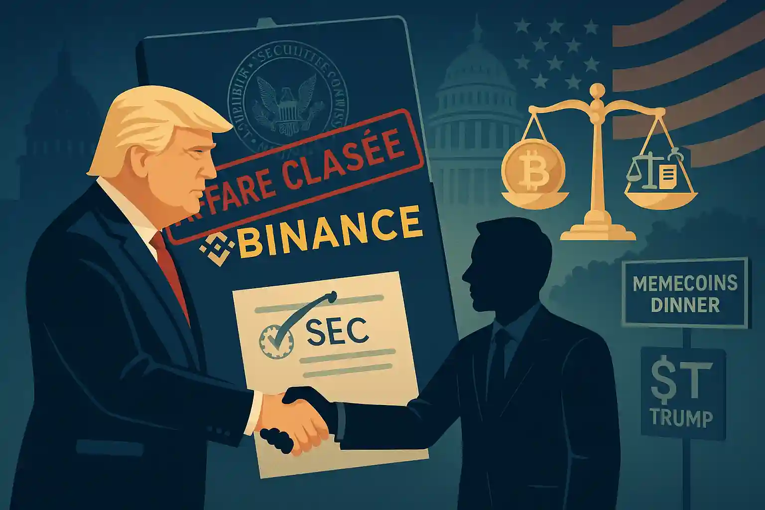 Illustration politique avec Donald Trump serrant la main d’un dirigeant Binance, devant un dossier marqué “AFFAIRE CLASSÉE” et les symboles de la SEC.