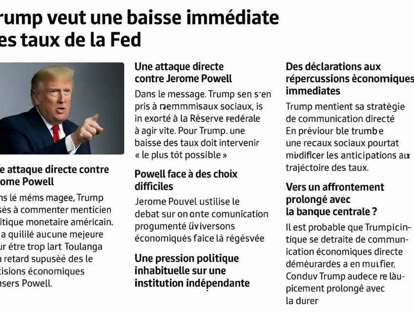 Article illustré avec photo de Trump et titre sur sa demande de baisse des taux de la Fed, critique de Powell et pressions politiques