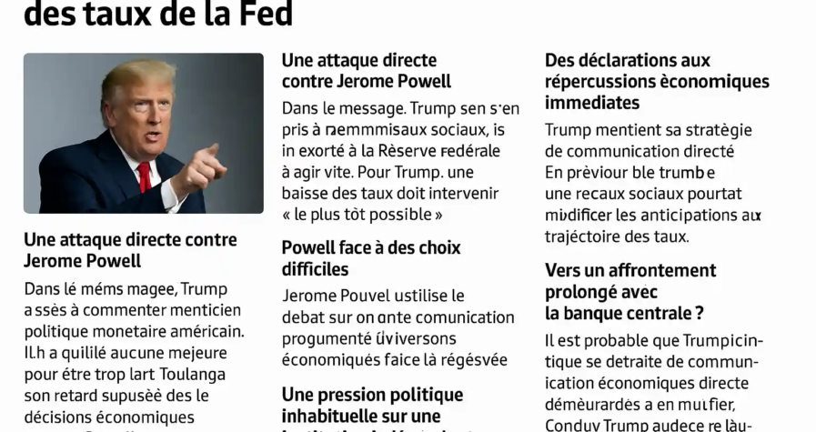 Article illustré avec photo de Trump et titre sur sa demande de baisse des taux de la Fed, critique de Powell et pressions politiques