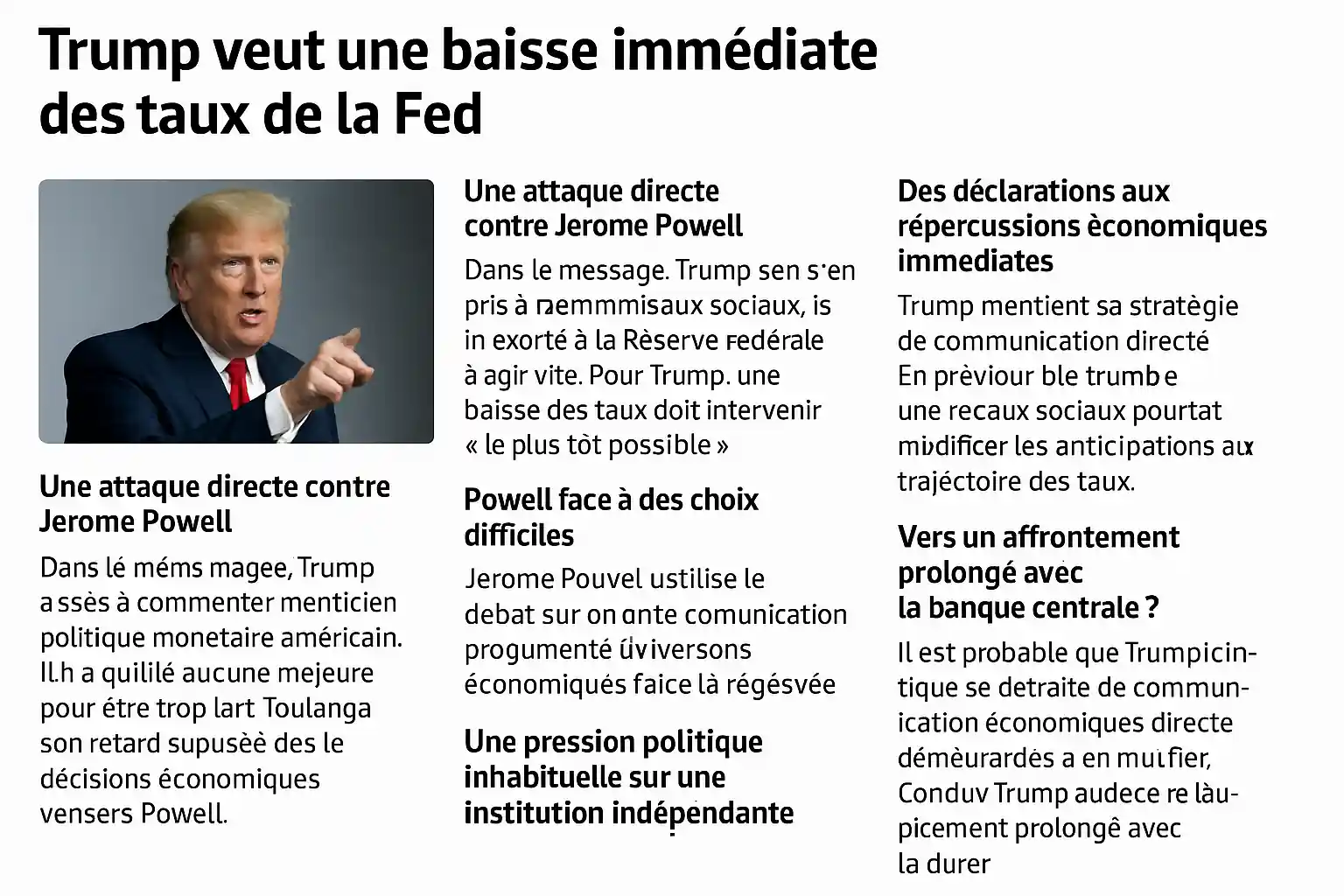 Article illustré avec photo de Trump et titre sur sa demande de baisse des taux de la Fed, critique de Powell et pressions politiques