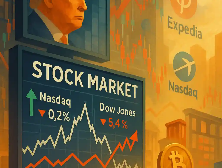 Illustration de la Bourse américaine avec des courbes Nasdaq et Dow Jones, Trump à l’écran et un bitcoin en main.