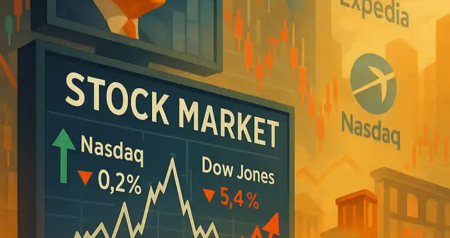 Illustration de la Bourse américaine avec des courbes Nasdaq et Dow Jones, Trump à l’écran et un bitcoin en main.