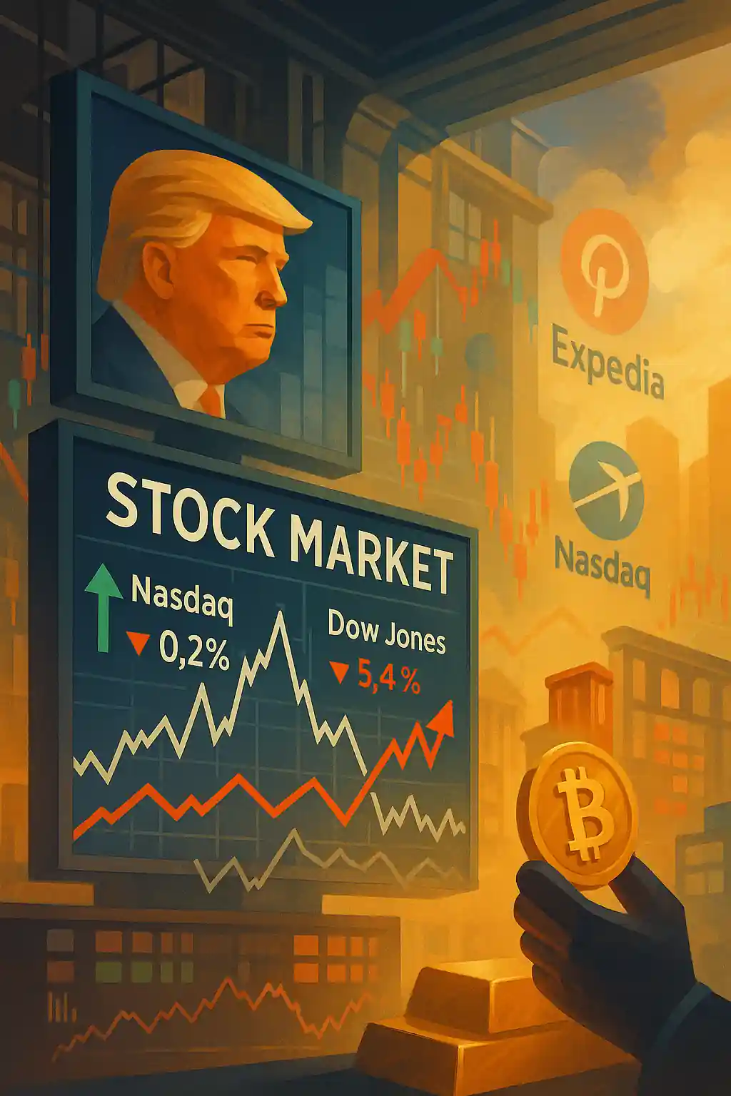 Illustration de la Bourse américaine avec des courbes Nasdaq et Dow Jones, Trump à l’écran et un bitcoin en main.
