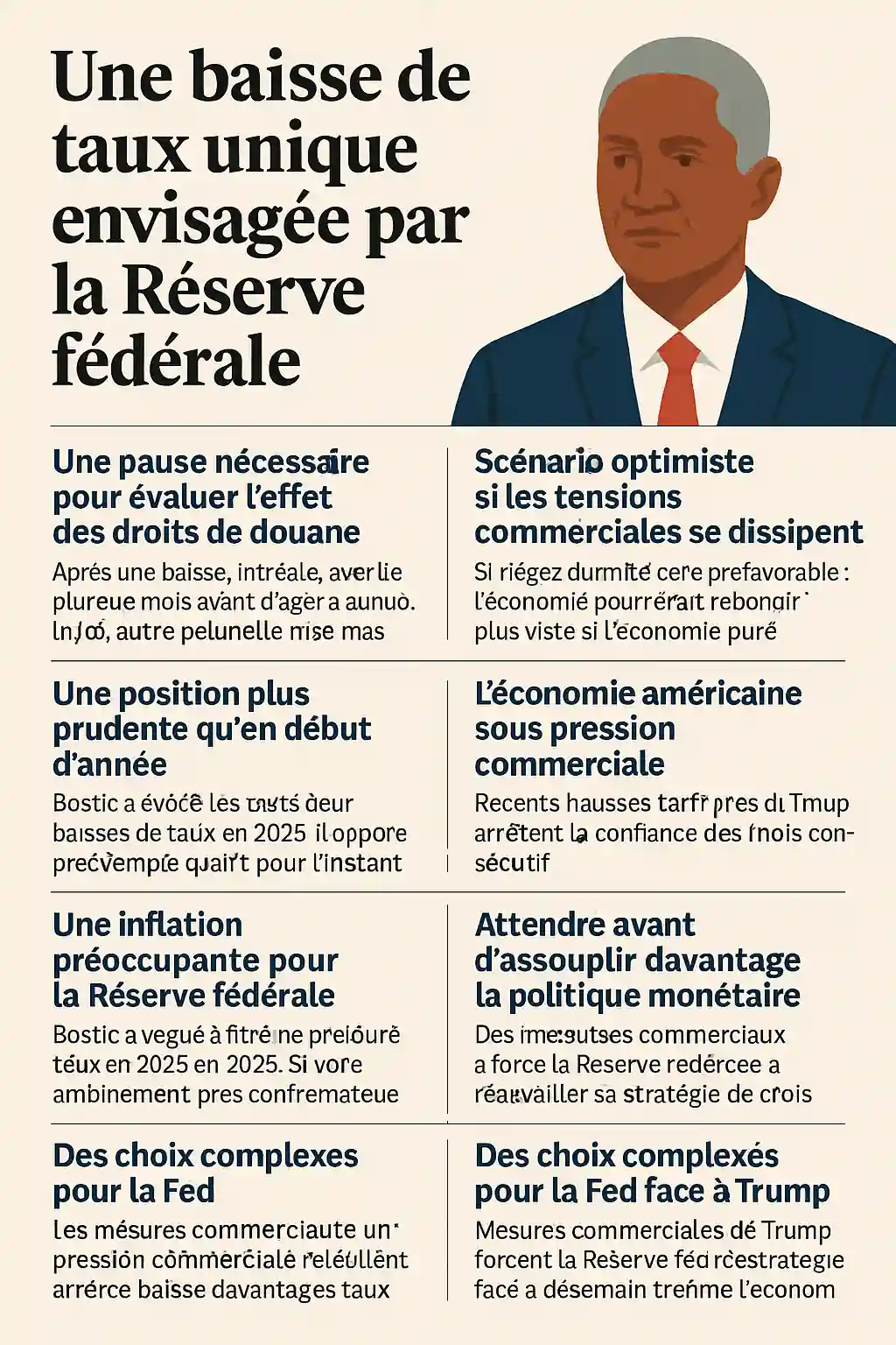 Infographie illustrant Raphael Bostic et les principales raisons d’une baisse unique des taux de la Fed en 2025