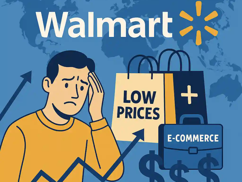 Illustration montrant un client inquiet, des sacs de shopping Walmart, une carte du monde, et des symboles de commerce électronique et de croissance
