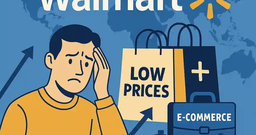 Illustration montrant un client inquiet, des sacs de shopping Walmart, une carte du monde, et des symboles de commerce électronique et de croissance