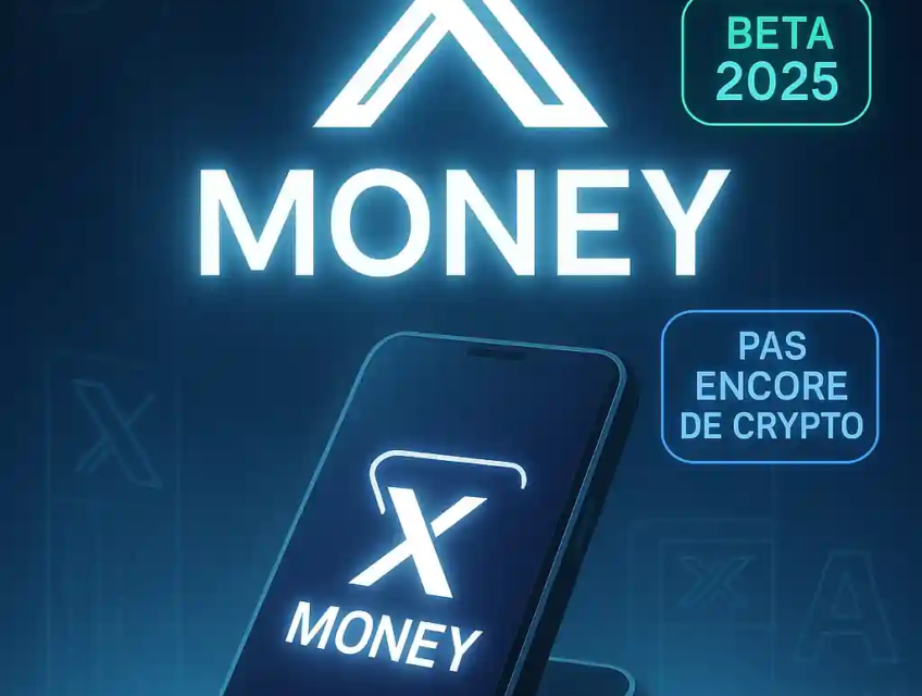 Illustration futuriste de X Money par Elon Musk avec logo lumineux, smartphone, mentions Visa, bêta 2025, et absence de crypto.