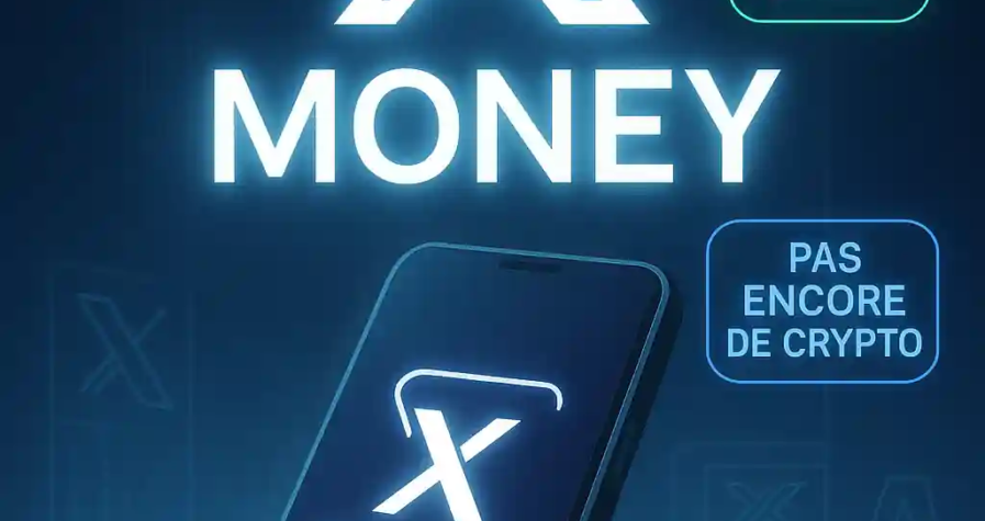 Illustration futuriste de X Money par Elon Musk avec logo lumineux, smartphone, mentions Visa, bêta 2025, et absence de crypto.