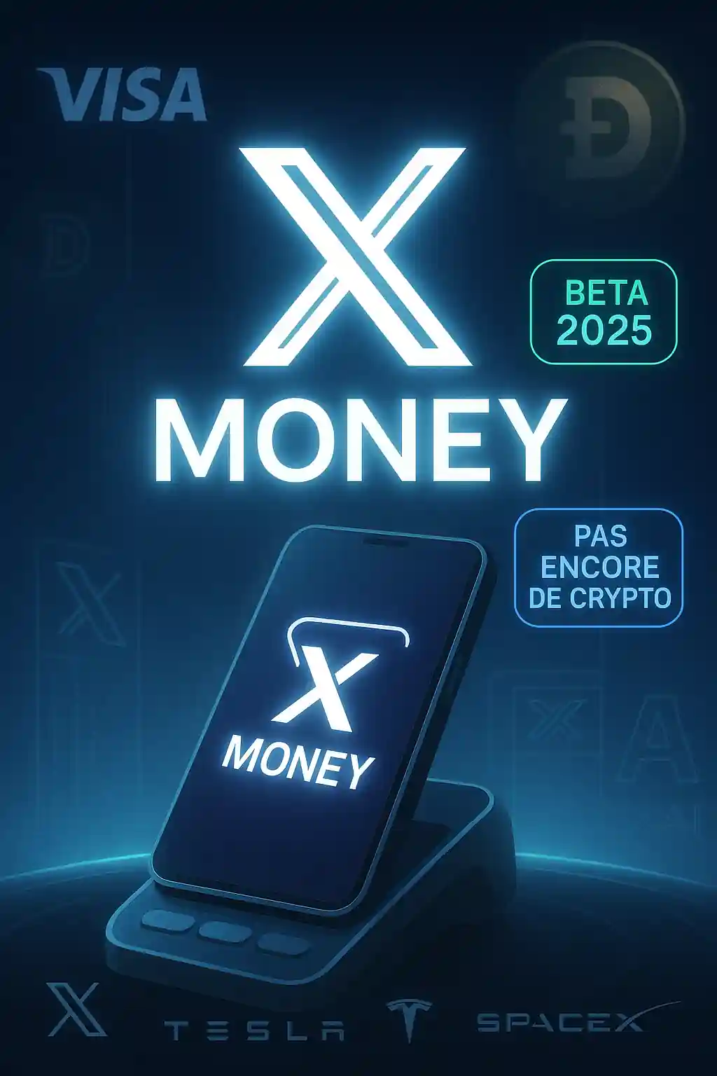Illustration futuriste de X Money par Elon Musk avec logo lumineux, smartphone, mentions Visa, bêta 2025, et absence de crypto.
