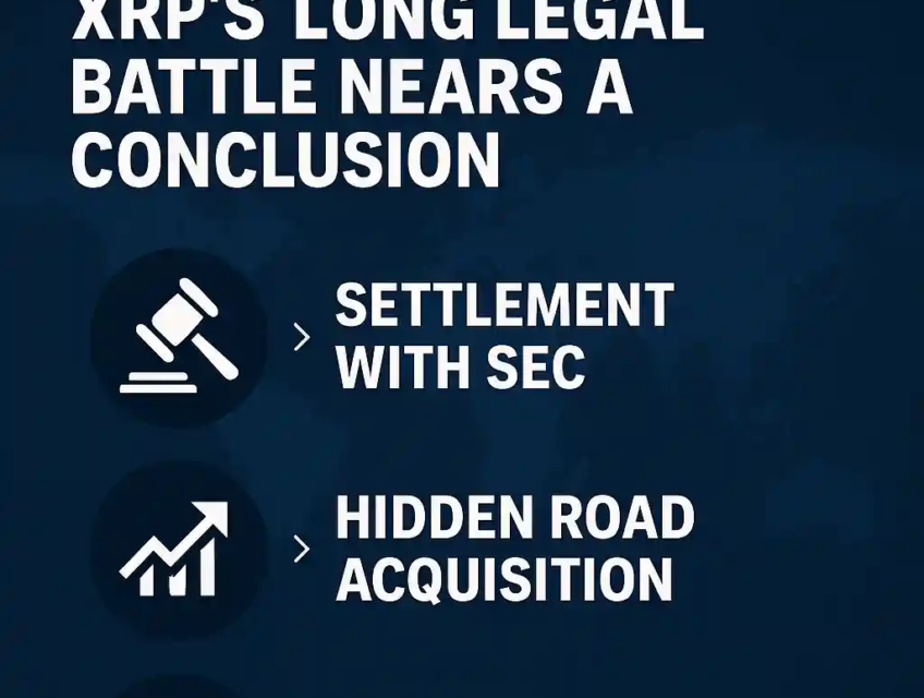XRP infographic highlighting SEC settlement, Hidden Road acquisition, and U.S. DAS inclusion.