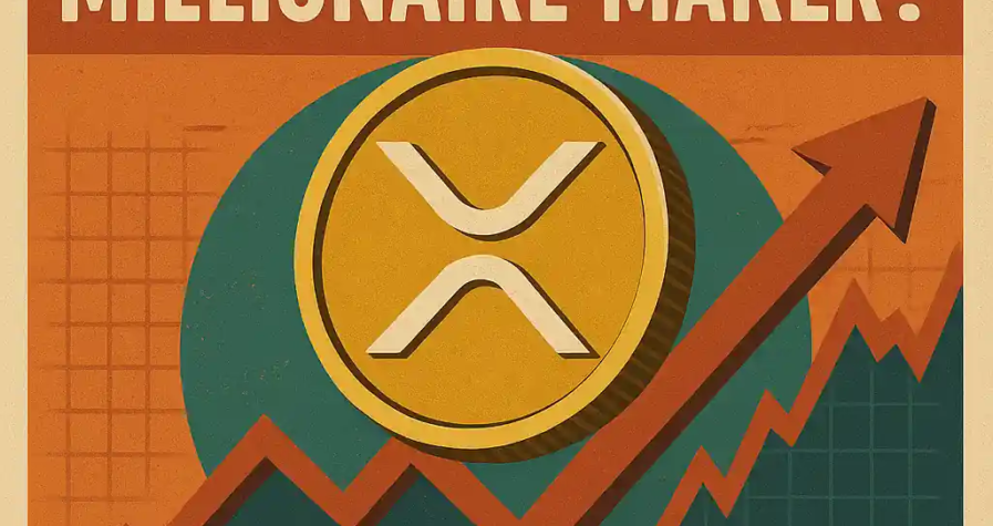 Vintage-style poster with XRP coin, upward arrow, and the phrase "The Next Millionaire-Maker?