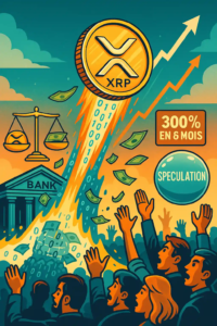 Illustration d’une pièce XRP s’élevant en fusée au-dessus d’une banque, sous les yeux d’investisseurs entre euphorie et scepticisme.