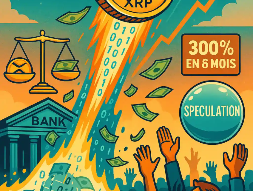 Illustration d’une pièce XRP s’élevant en fusée au-dessus d’une banque, sous les yeux d’investisseurs entre euphorie et scepticisme.