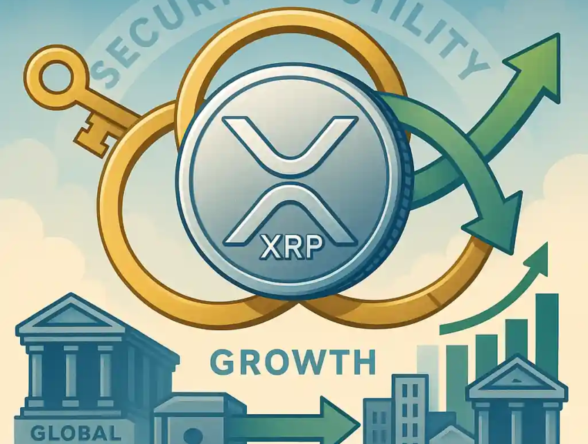 Illustration d’une pièce XRP entourée d’anneaux « Security, Utility, Growth » avec une clé ouvrant un coffre marqué « Global Finance ».