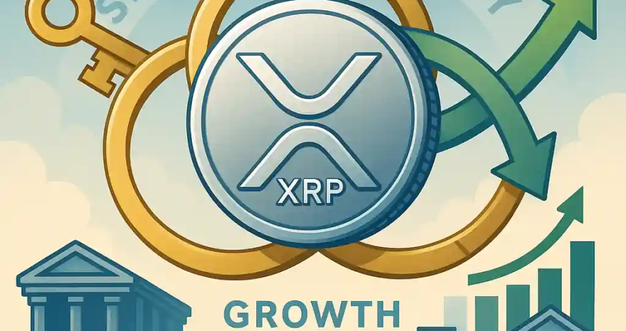 Illustration d’une pièce XRP entourée d’anneaux « Security, Utility, Growth » avec une clé ouvrant un coffre marqué « Global Finance ».
