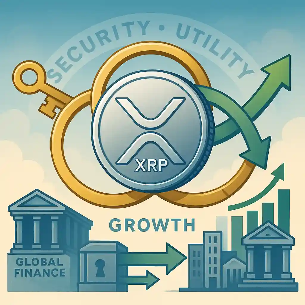 Illustration d’une pièce XRP entourée d’anneaux « Security, Utility, Growth » avec une clé ouvrant un coffre marqué « Global Finance ».